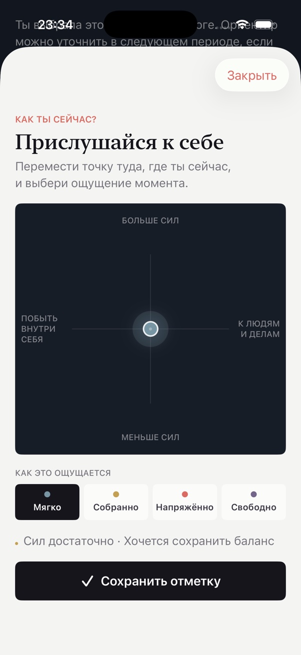 Lunar check-in screen with energy and direction-of-attention coordinates